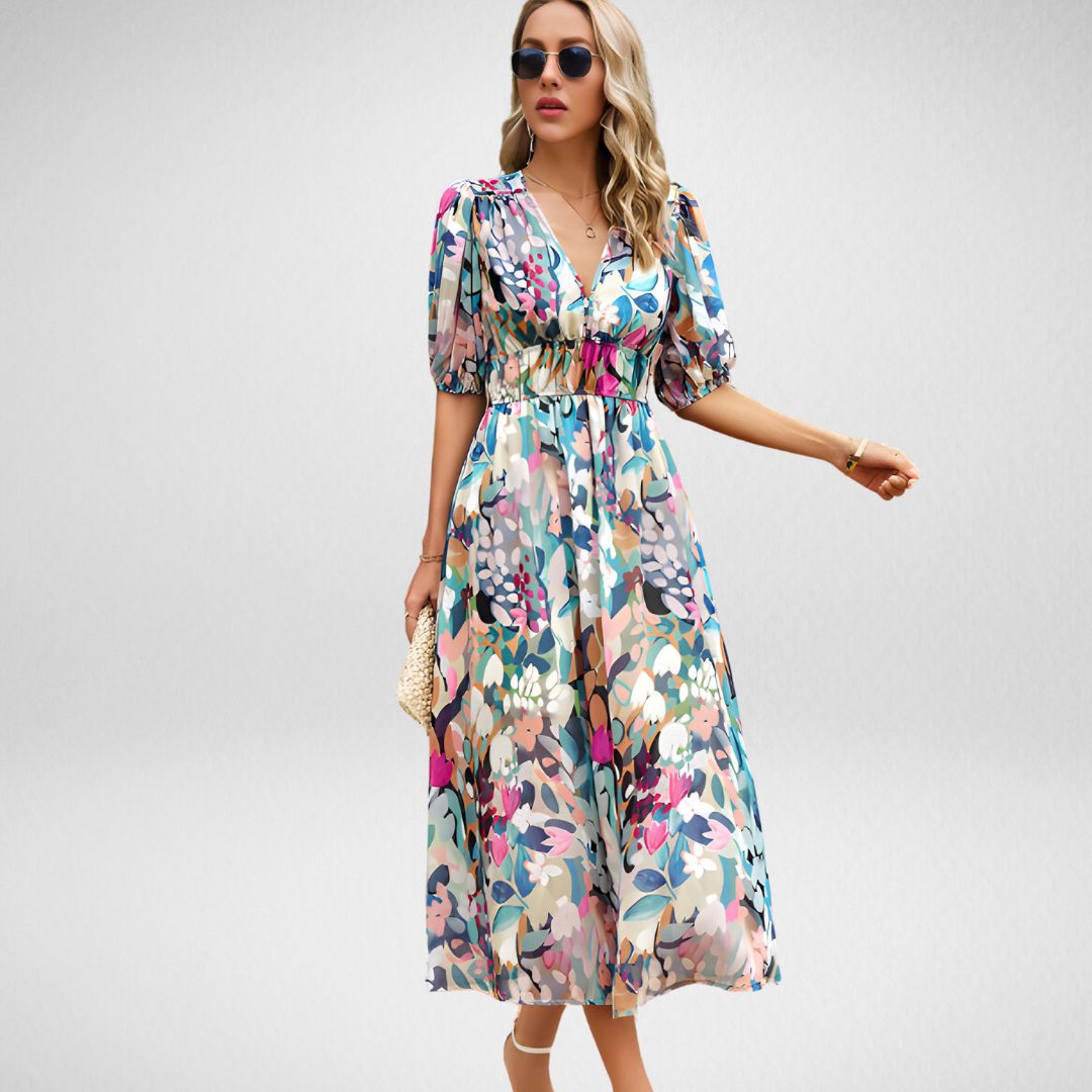 Robe longue femme – Coupe fluide – Manches bouffantes – Motif géométrique – Col en V