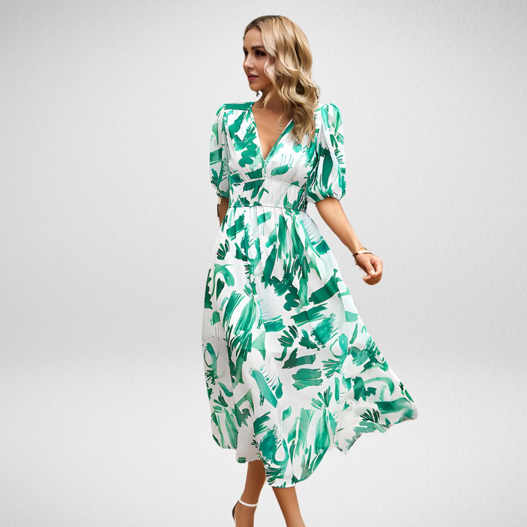 Robe longue femme – Coupe fluide – Manches bouffantes – Motif géométrique – Col en V