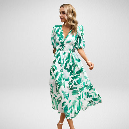 Robe longue femme – Coupe fluide – Manches bouffantes – Motif géométrique – Col en V