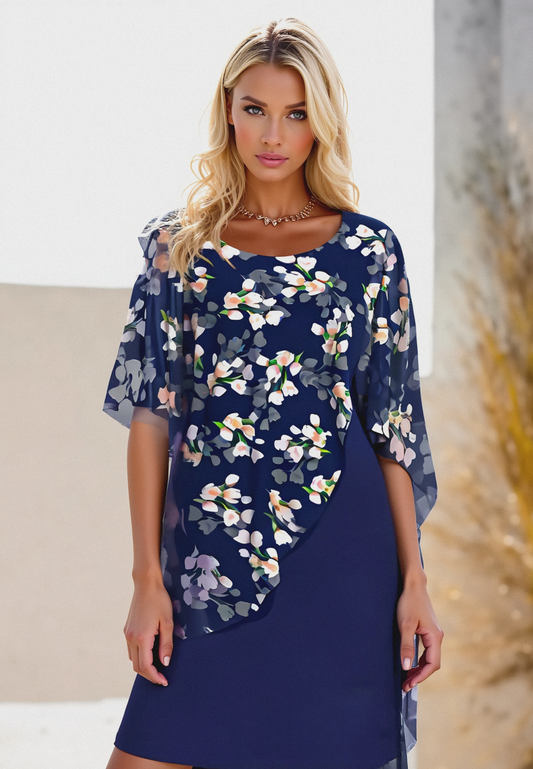 Robe femme – Coupe fluide – Tissu léger – Motif fleuri – Superposition asymétrique
