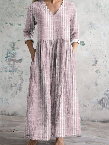 Robe longue femme – Fibres naturelles – Coupe décontractée – Manches longues – Rayures