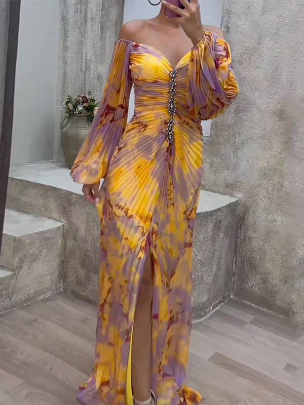 Robe de soirée femme – Épaules dénudées – Décolleté plongeant – Manches volumineuses