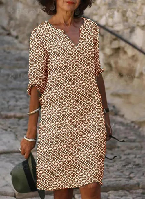 Robe Femme – Coupe Ample – Tissu Respirant – Décolleté V – Manches 3/4 – Imprimé Géométrique