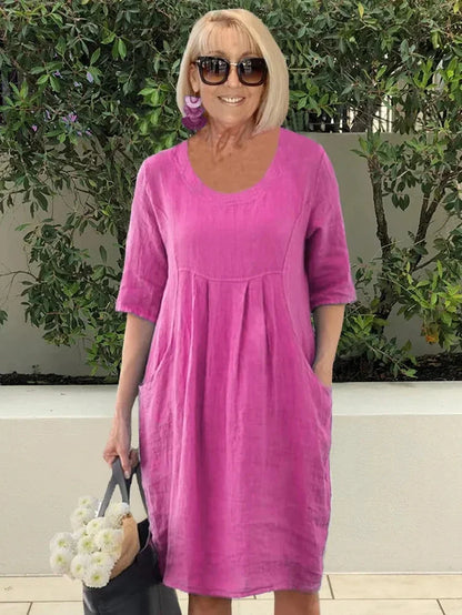 Robe midi femme – Coupe décontractée – Manches coudes – Fibres naturelles – Poches