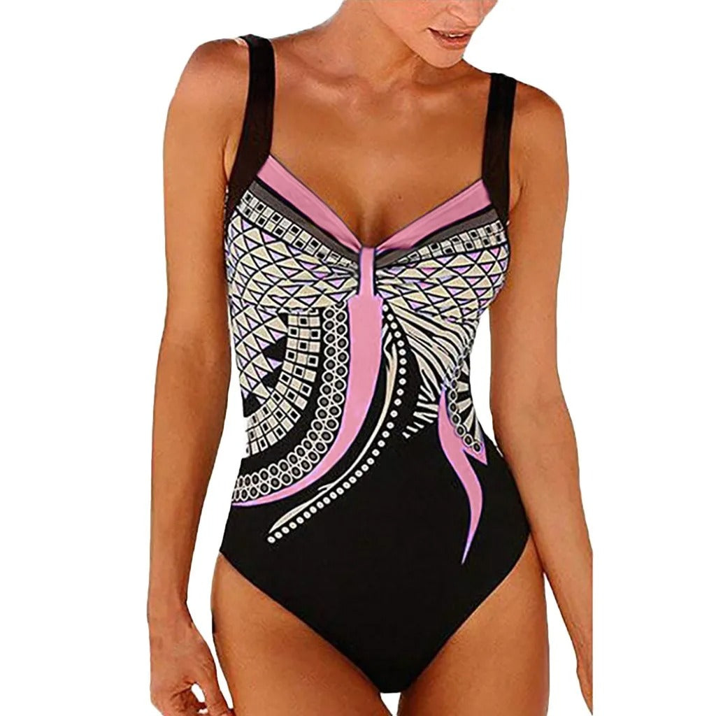 Maillot de bain 1 pièce femme – Imprimé graphique – Tissu stretch séchage rapide – Bretelles larges – Coupe sculptante