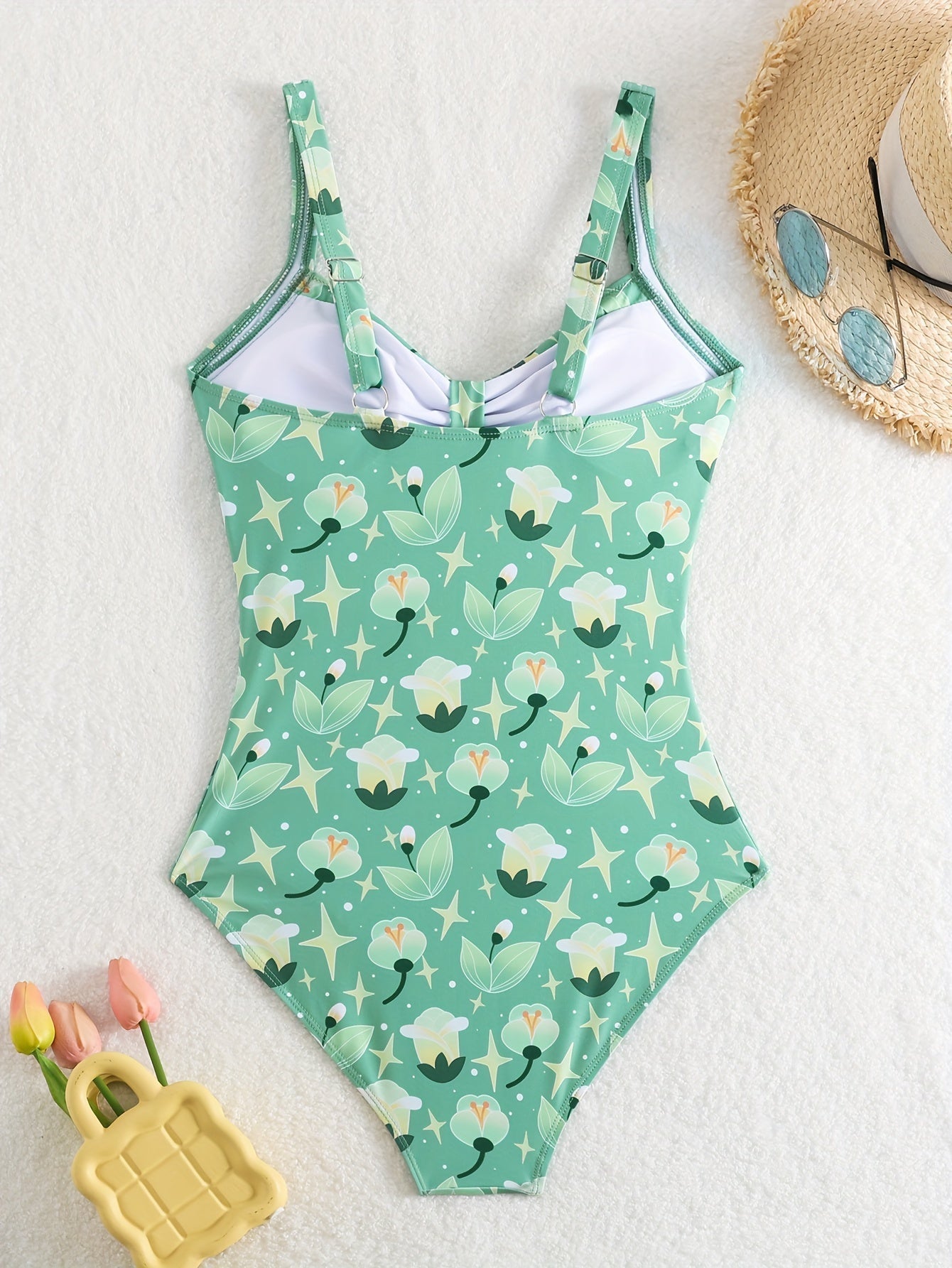 Maillot de bain une pièce femme – Ajusté – Bustier froncé – Bretelles larges – Imprimé fleuri