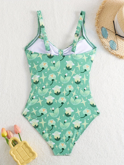 Maillot de bain une pièce femme – Ajusté – Bustier froncé – Bretelles larges – Imprimé fleuri