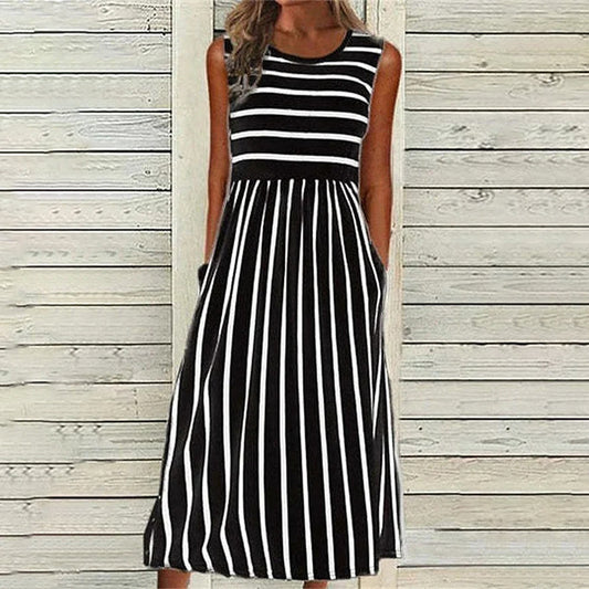 Robe midi sans manches femme – Coupe décontractée – Rayures – Fibres naturelles respirantes
