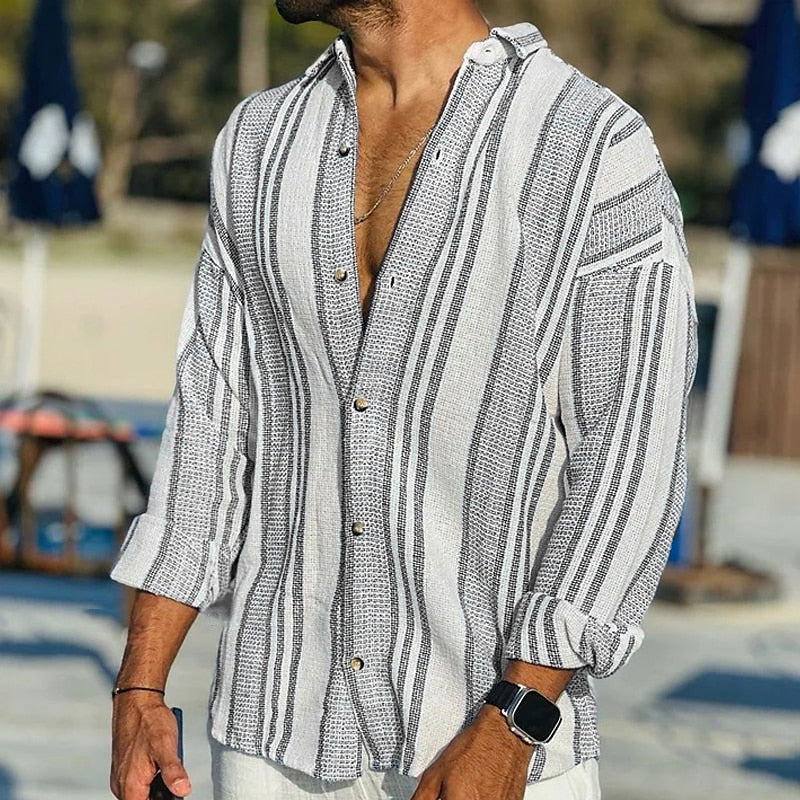 Chemise homme décontractée – Coupe ample – Rayures verticales – Fibres naturelles respirantes