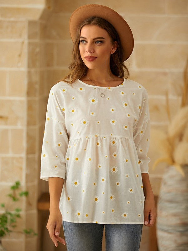 Haut Femme Décontracté – Coupe Ample – Manches Courtes – Imprimé Fleuri – Tissu Respirant
