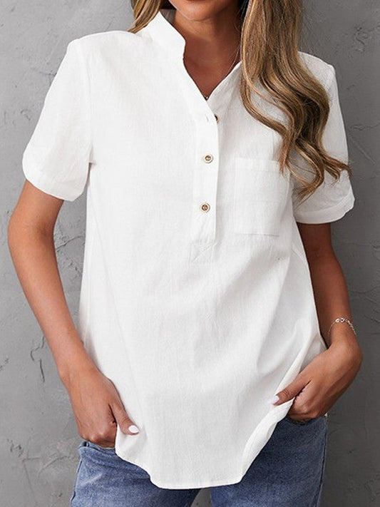 Blouse femme – Coupe décontractée – Tissu léger fibres naturelles – Manches courtes – Col montant