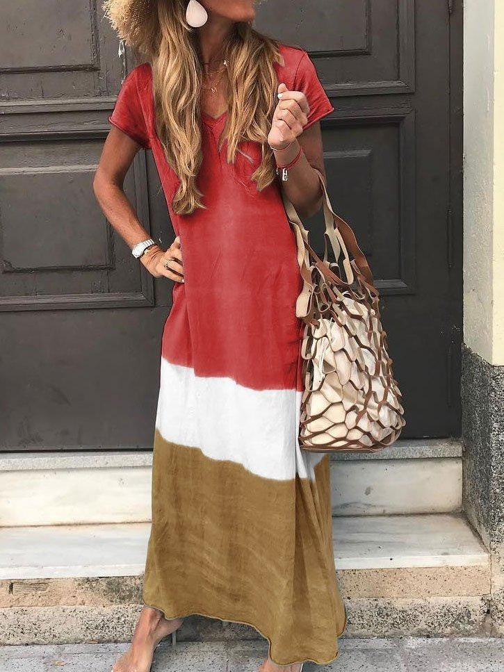 Robe longue femme – Coupe décontractée – Tissu respirant – Col V – Manches courtes – Patchwork à rayures