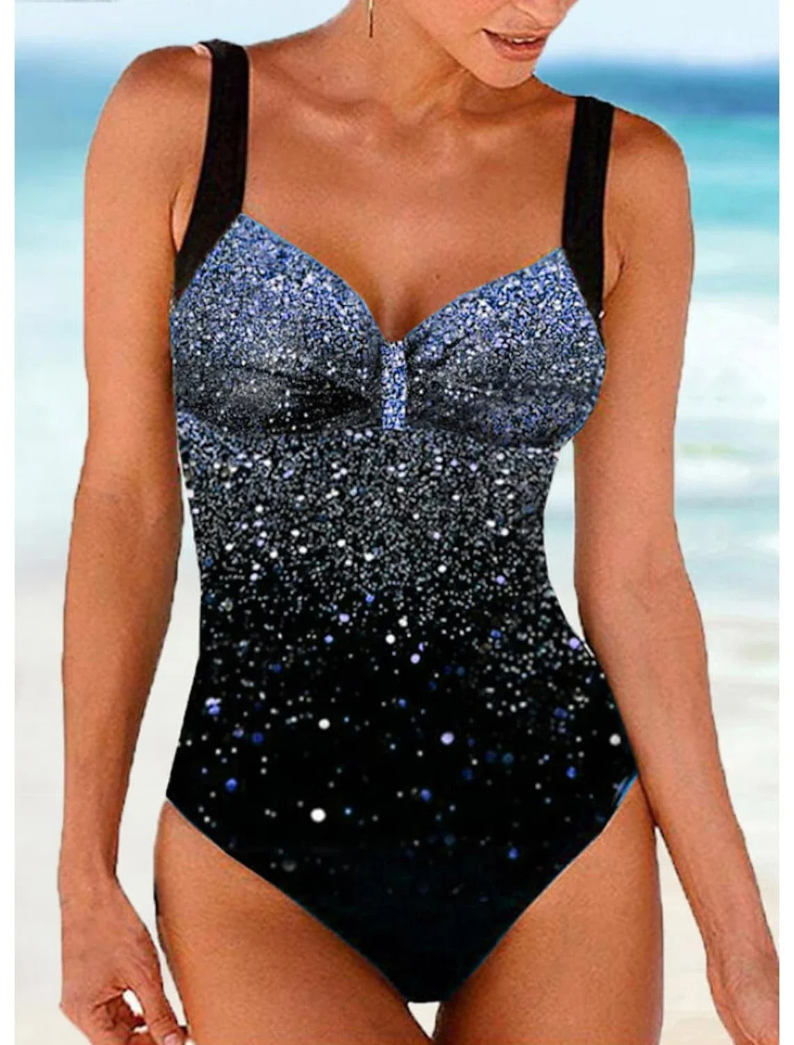 Maillot de bain une pièce femme – Coupe gainante – Bretelles larges – Sequins dégradés