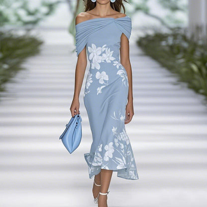 Robe midi femme – Épaules dénudées – Taille cintrée – Imprimé fleuri – Tissu respirant