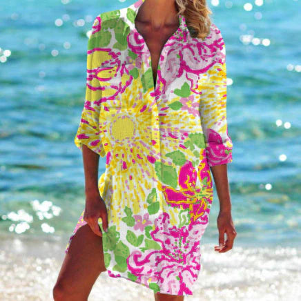 Robe tunique de plage pour femmes – Coupe ample – Tissu respirant – Manches longues – Boutonnée
