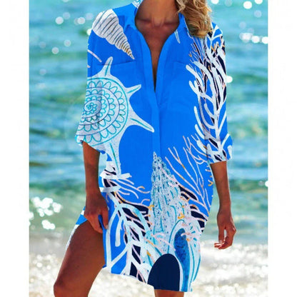 Robe tunique de plage pour femmes – Coupe ample – Tissu respirant – Manches longues – Boutonnée