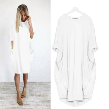 Robe midi femme – Coupe ample – Tissu respirant – Manches retroussées – Poches