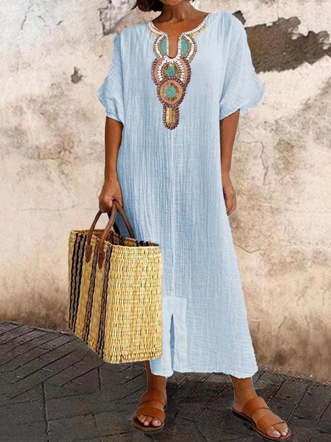 Robe caftan femme – Coupe décontractée – Tissu respirant – Col brodé élégant
