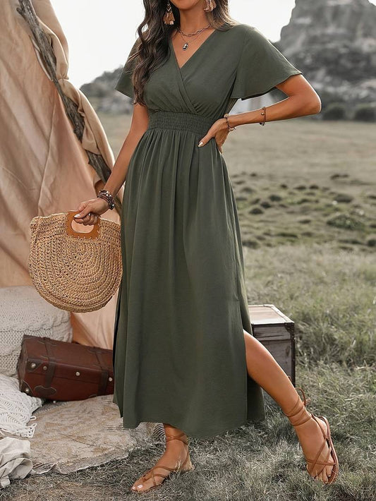 Robe midi femme – Coupe évasée – Décolleté cache-cœur – Manches courtes – Tissu fluide respirant