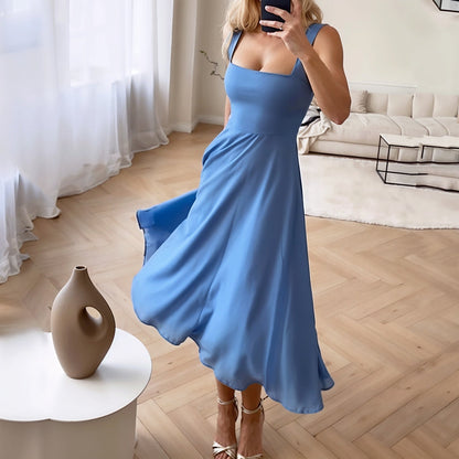 Robe midi femme – Coupe ajustée – Décolleté carré – Tissu fluide élégant