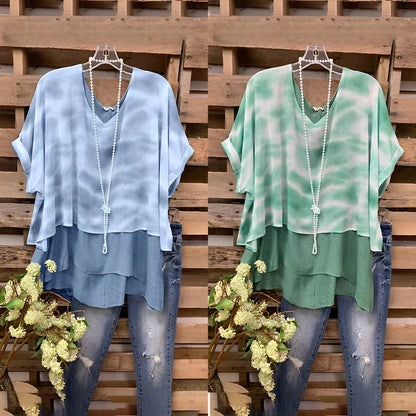 Blouse femme – Coupe ample – Tissu respirant – Design superposé – Manches courtes