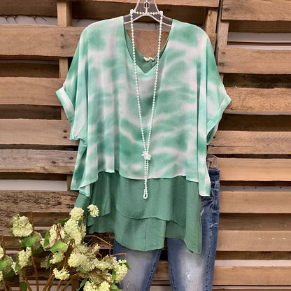 Blouse femme – Coupe ample – Tissu respirant – Design superposé – Manches courtes