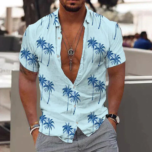 Chemise homme manches courtes – Coupe décontractée – Fibres naturelles – Imprimé tropical