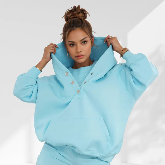 Femme Sweatshirt - Coton Doux - Coupe Oversize - Boutons Fonctionnels - Style Casual