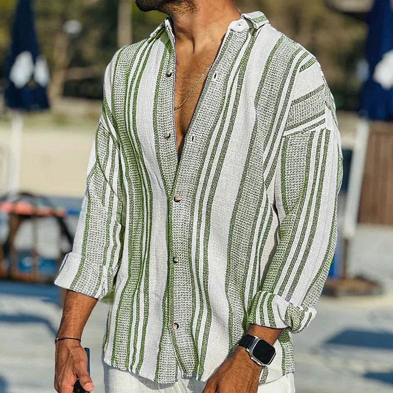 Chemise homme décontractée – Coupe ample – Rayures verticales – Fibres naturelles respirantes