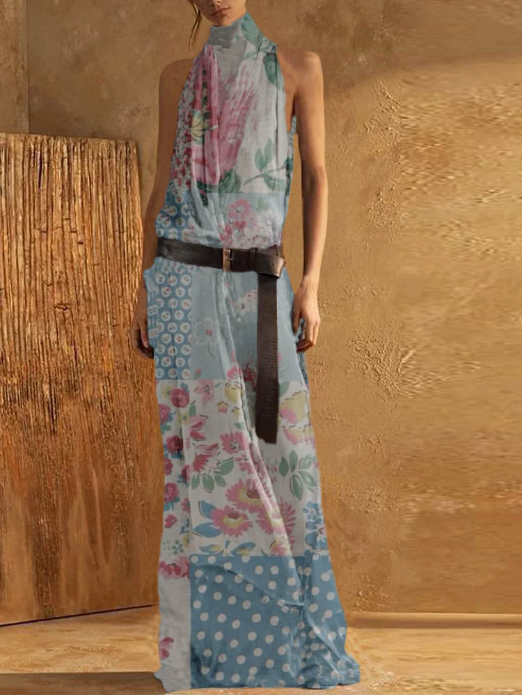 Robe longue femme – Col montant – Sans manches – Coupe fluide – Ceinture à boucle
