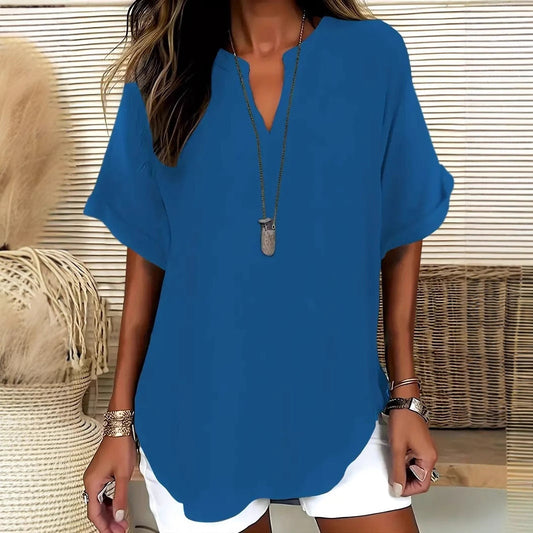 Blouse femme – Coupe ample – Manches courtes – Décolleté en V – Fibres naturelles
