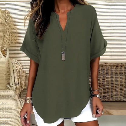 Blouse femme – Coupe ample – Manches courtes – Décolleté en V – Fibres naturelles