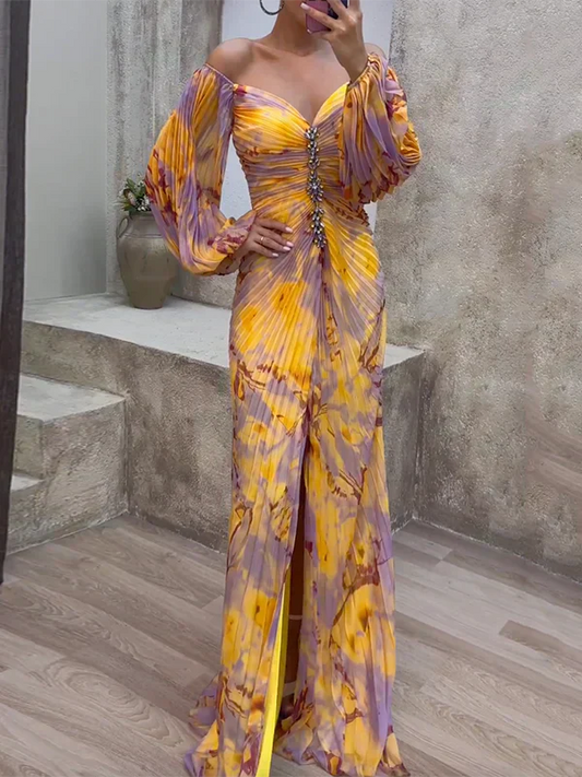 Robe de soirée femme – Épaules dénudées – Décolleté plongeant – Manches volumineuses