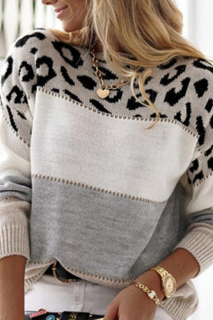 Femme Pull Oversize - Tricot Doux - Motif Animal - Bordures Côtelées - Décontracté