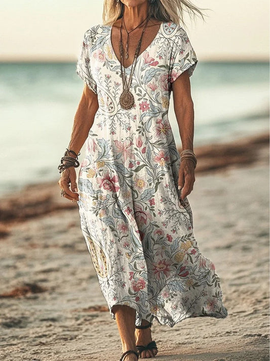 Robe longue femme – Coupe fluide – Tissu respirant – Manches courtes – Imprimé rétro floral