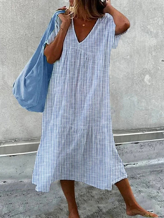 Robe midi femme – Coupe décontractée – Col en V – Manches courtes – Tissu respirant rayé