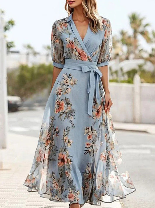 Robe midi femme – Style portefeuille – Tissu fluide respirant – Manches bouffantes – Ceinture nouée – Imprimé fleuri