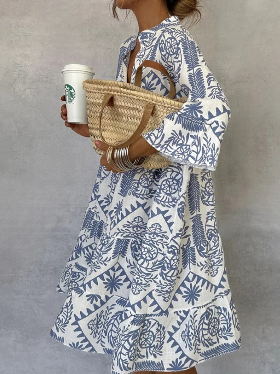 Robe courte femme – Coupe ample – Col en V – Manches 3/4 – Jupe à volants