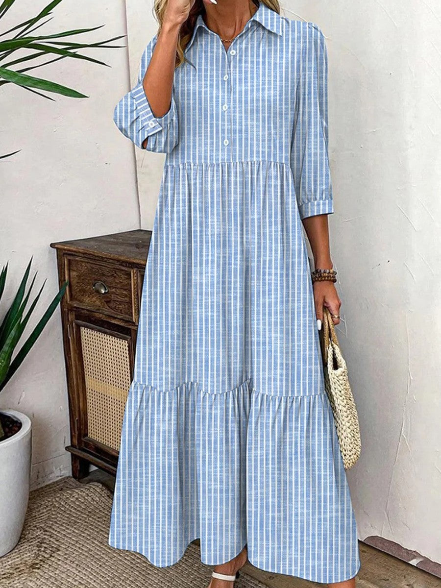 Robe longue femme – Coupe ample – Col à revers – Manches 3/4 – Coton