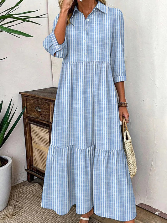 Robe longue femme – Coupe ample – Col à revers – Manches 3/4 – Coton