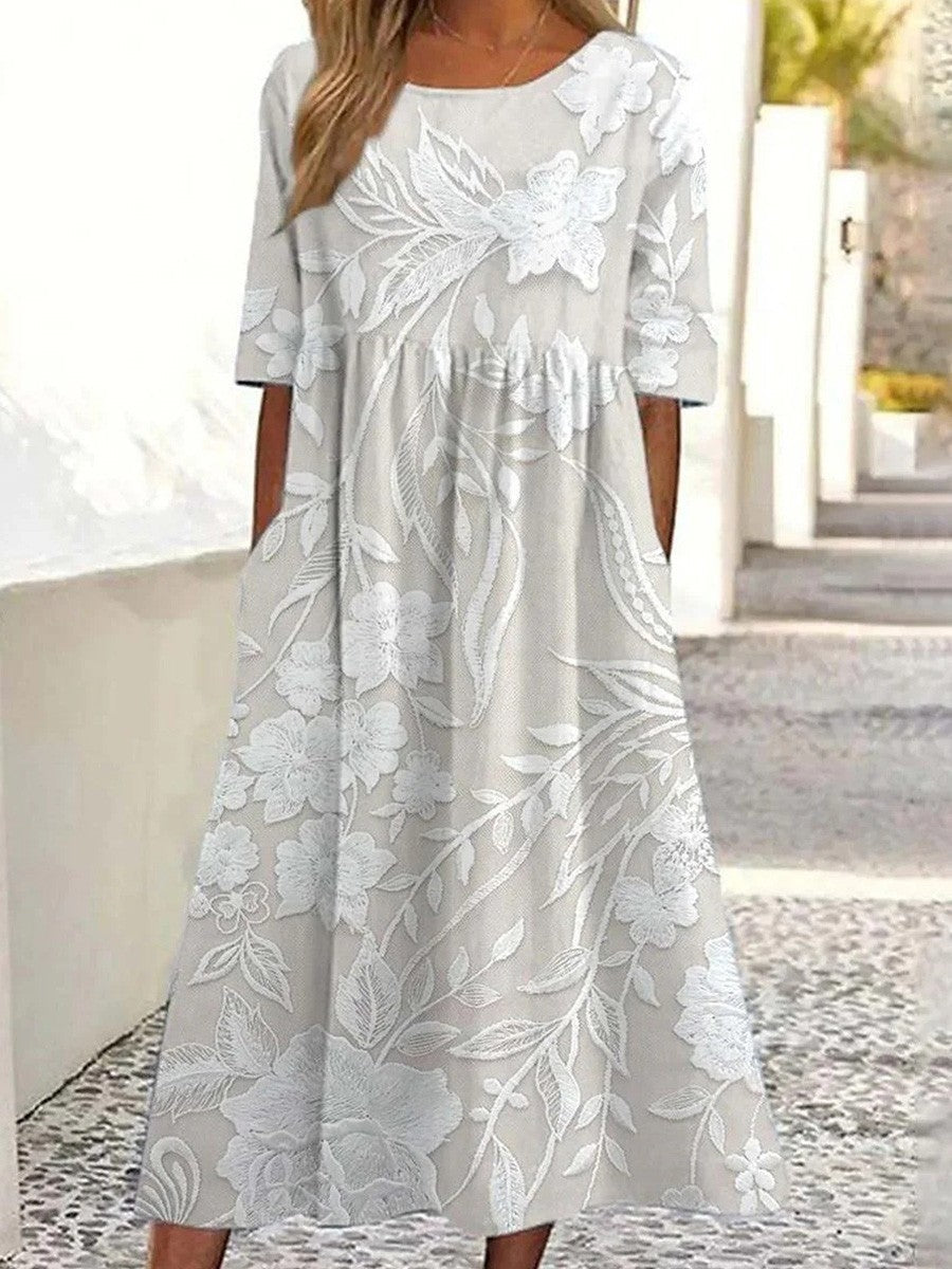 Robe Femme A-Line – Dentelle Florale Élégante – Manches Courtes – Longueur Midi