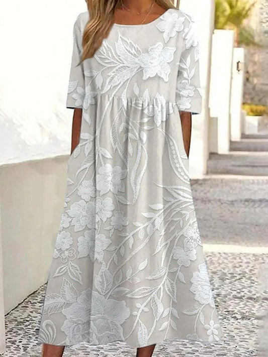 Robe Femme A-Line – Dentelle Florale Élégante – Manches Courtes – Longueur Midi
