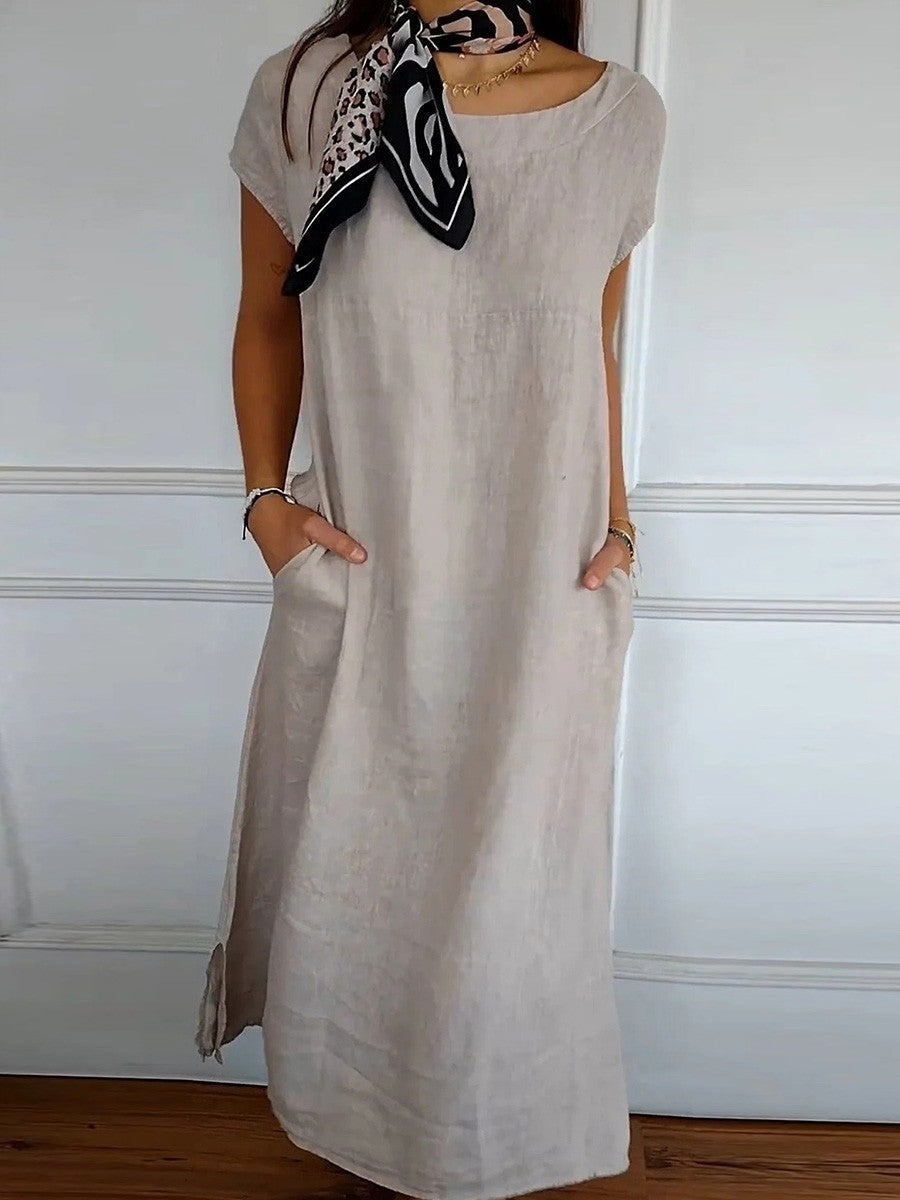 Robe midi femme – Coupe décontractée – Tissu respirant – Manches courtes – Poches pratiques