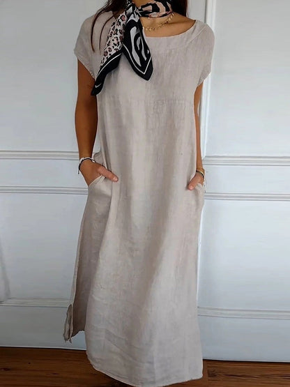 Robe midi femme – Coupe décontractée – Tissu respirant – Manches courtes – Poches pratiques