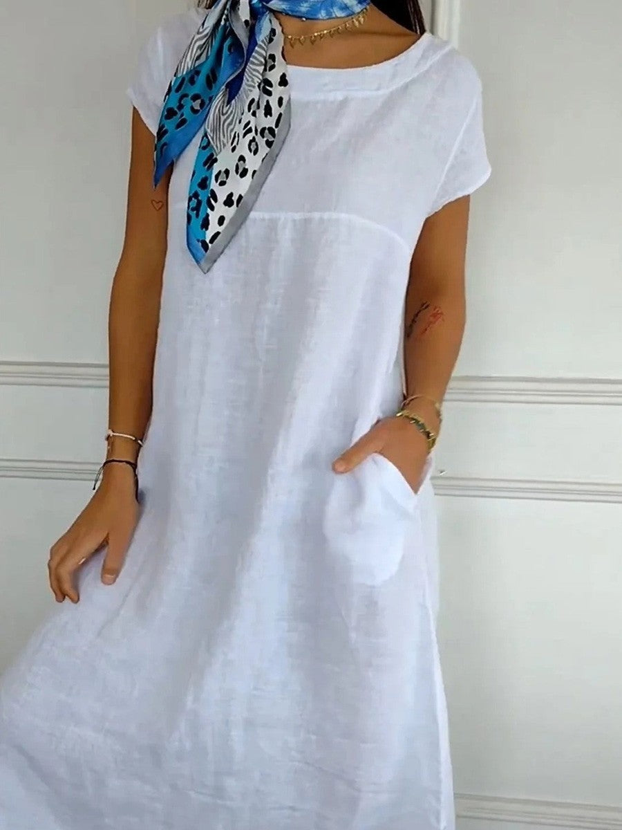 Robe midi femme – Coupe décontractée – Tissu respirant – Manches courtes – Poches pratiques