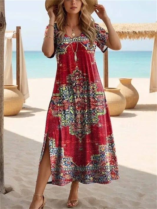 Robe midi femme – Coupe décontractée – Tissu respirant – Manches courtes – Imprimé bohème