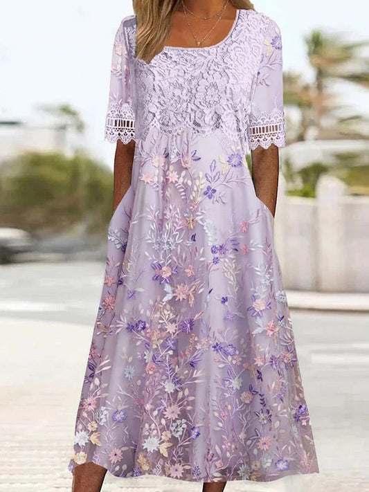 Robe midi femme – Coupe ample – Dentelle brodée – Manches courtes – Poches latérales