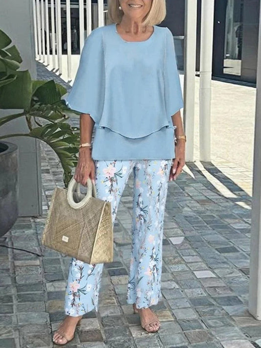 Ensemble Femme Deux Pièces – Haut Ample Drapé – Pantalon Fleuri – Tissu Respirant