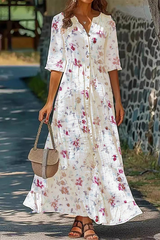 Robe longue femme – Fibres naturelles – Imprimé fleuri – Manches mi-longues – Coupe fluide