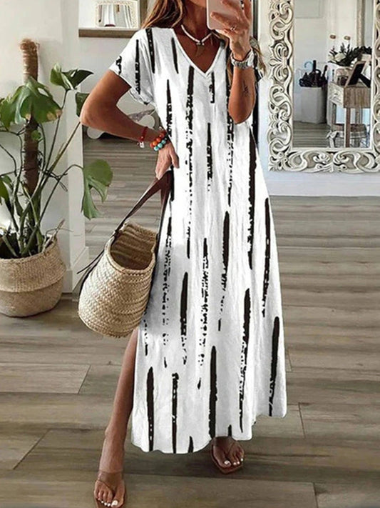 Robe longue femme – Coupe fluide – Décolleté en V – Manches courtes – Tissu respirant – Rayée